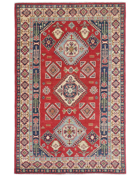 4x6 Red Kuba Afghan Hand Knotted Wool Area Rug